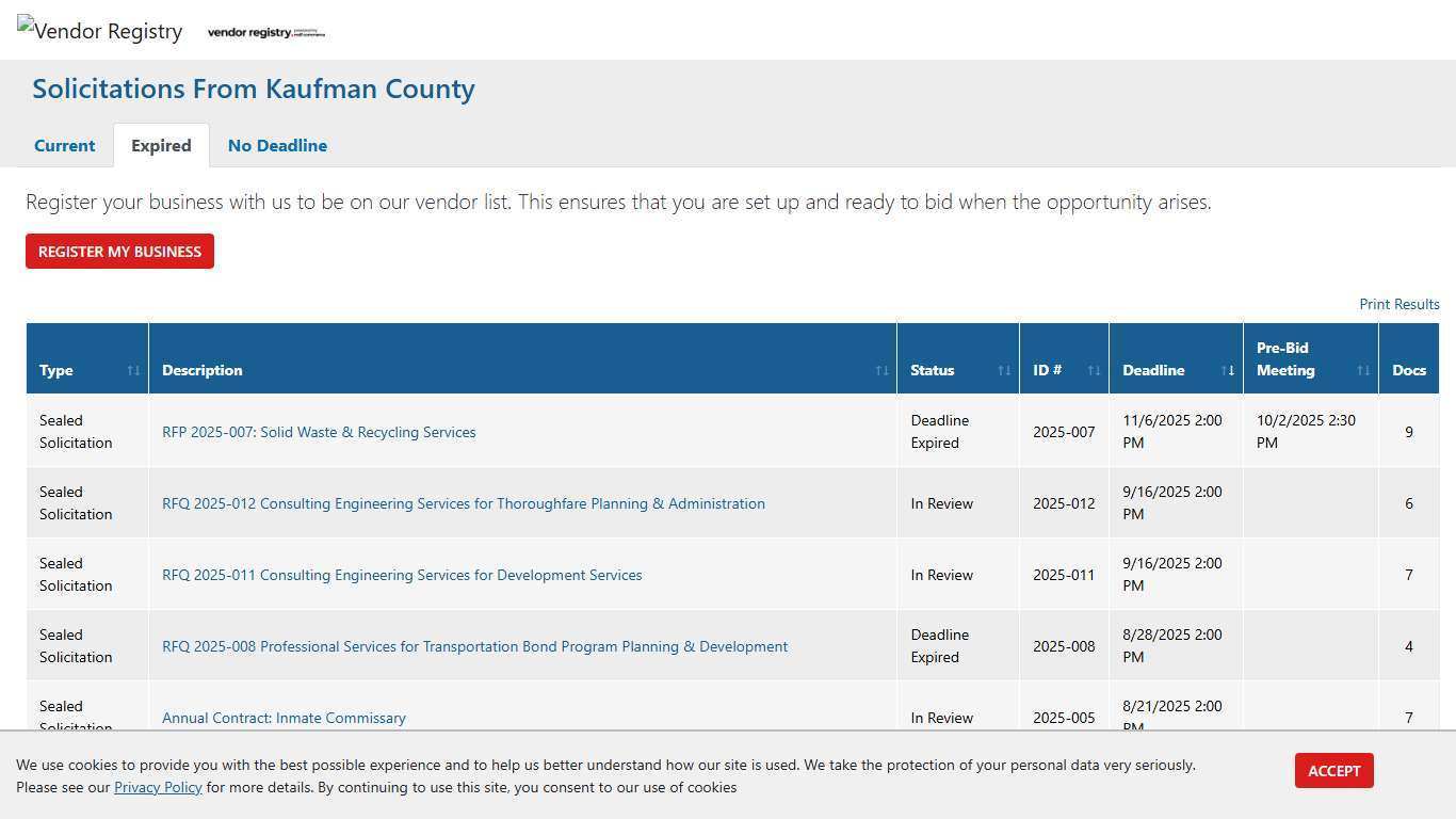 Kaufman County Expired Solicitations | Vendor Registry